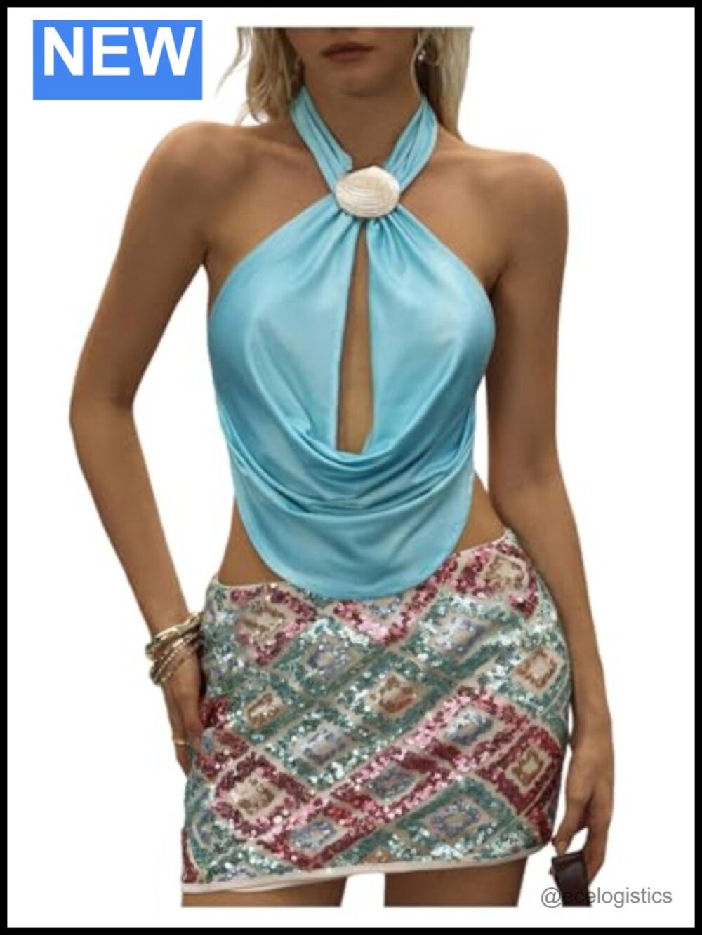 Sequin Bodycon Skirt Set Satin Halter Top 2 Piece Outfit